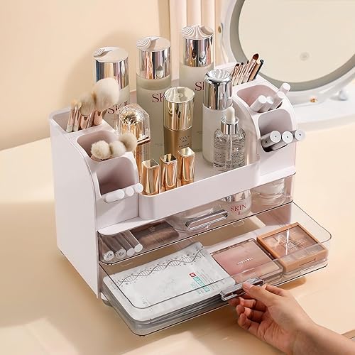Miniatura 2 de Anyoifax Organizador de maquillaje para encimera con cajones grandes, organizador de tocador con soporte para cepillo, almacenamiento de cuidado de