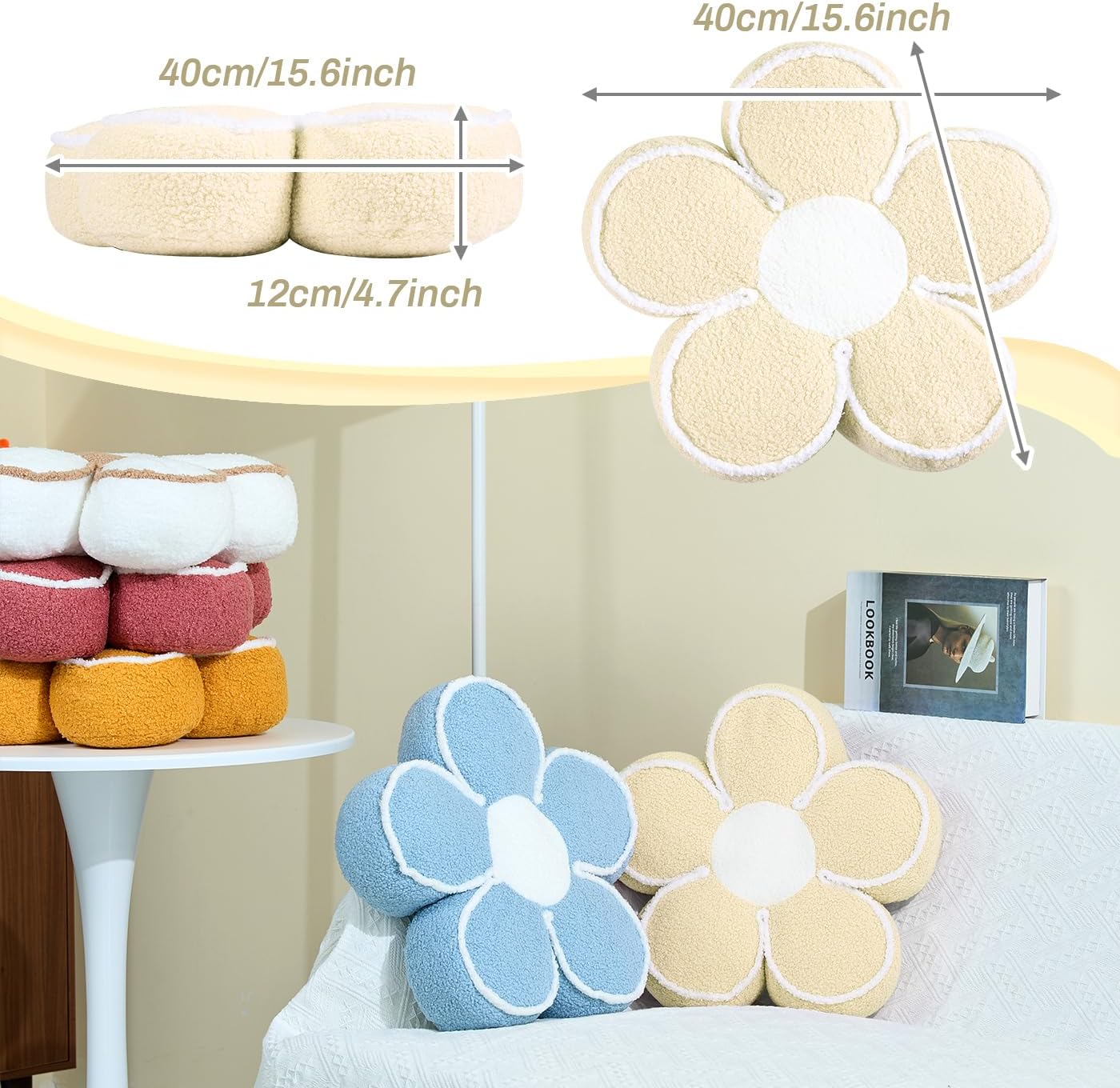 Sioloc Flower Shaped Pillow Daisy Pillows Floor Cushion Pastel Cute Seat Cushions Aesthetic Classroom Dorm Decorative Fun Throw Pillow for Bed,Couch(Beige,19.7")