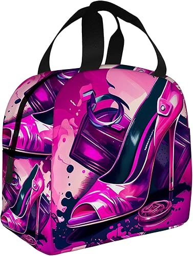 Miniatura 9 de OOZ Bolsa de almuerzo aislada para mujeres y hombres, zapatos de tacón alto rosa, reutilizable, a prueba de fugas, lindas bolsas de almuerzo para el
