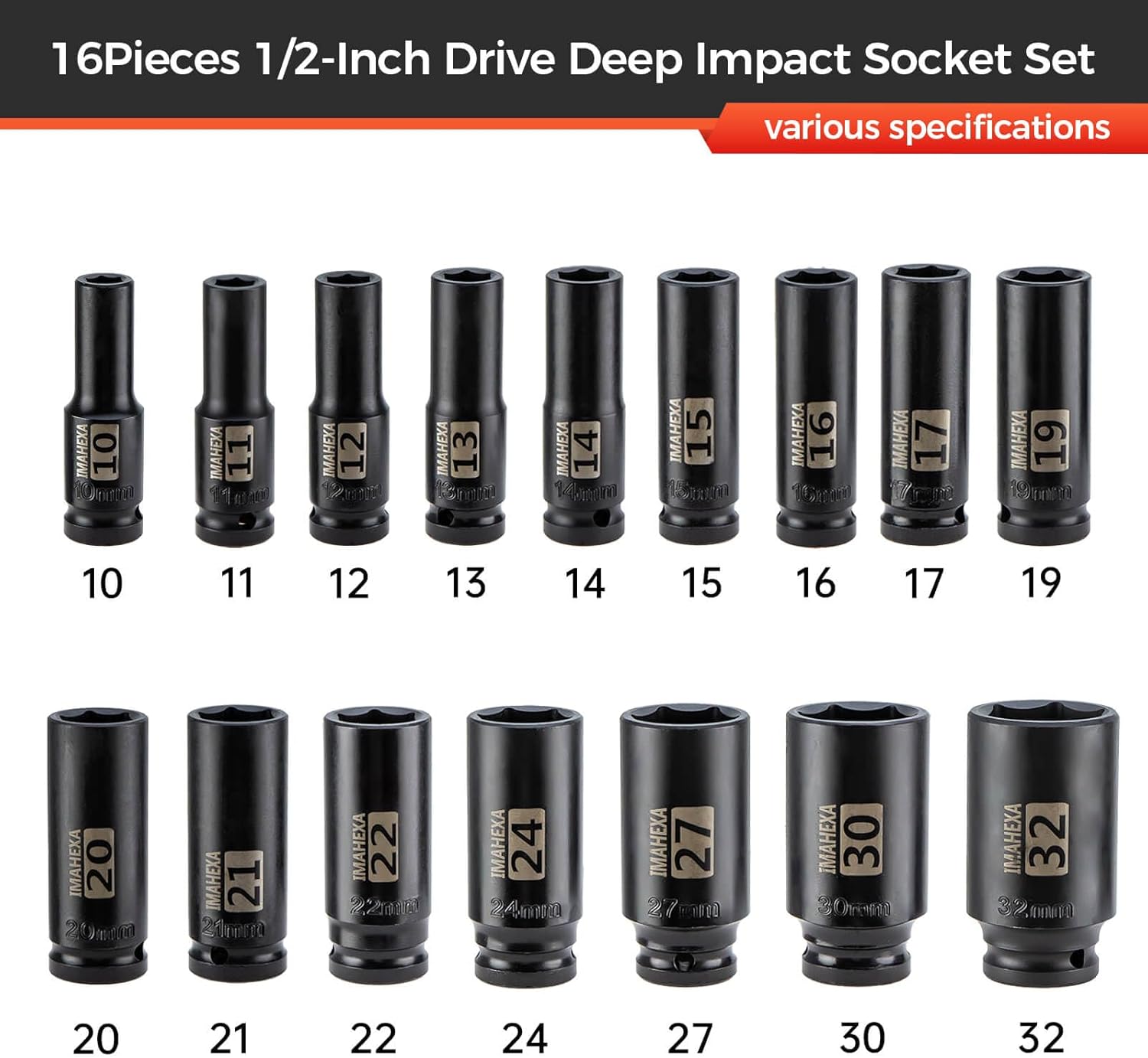 16PCS Impact Socket Set 1/2"Drive,Metric Sizes (10 to 32 mm),Allen Socket Set,Deep CO-MO Meterial Socket Set,Sleek Socket With Premium Red Organizer