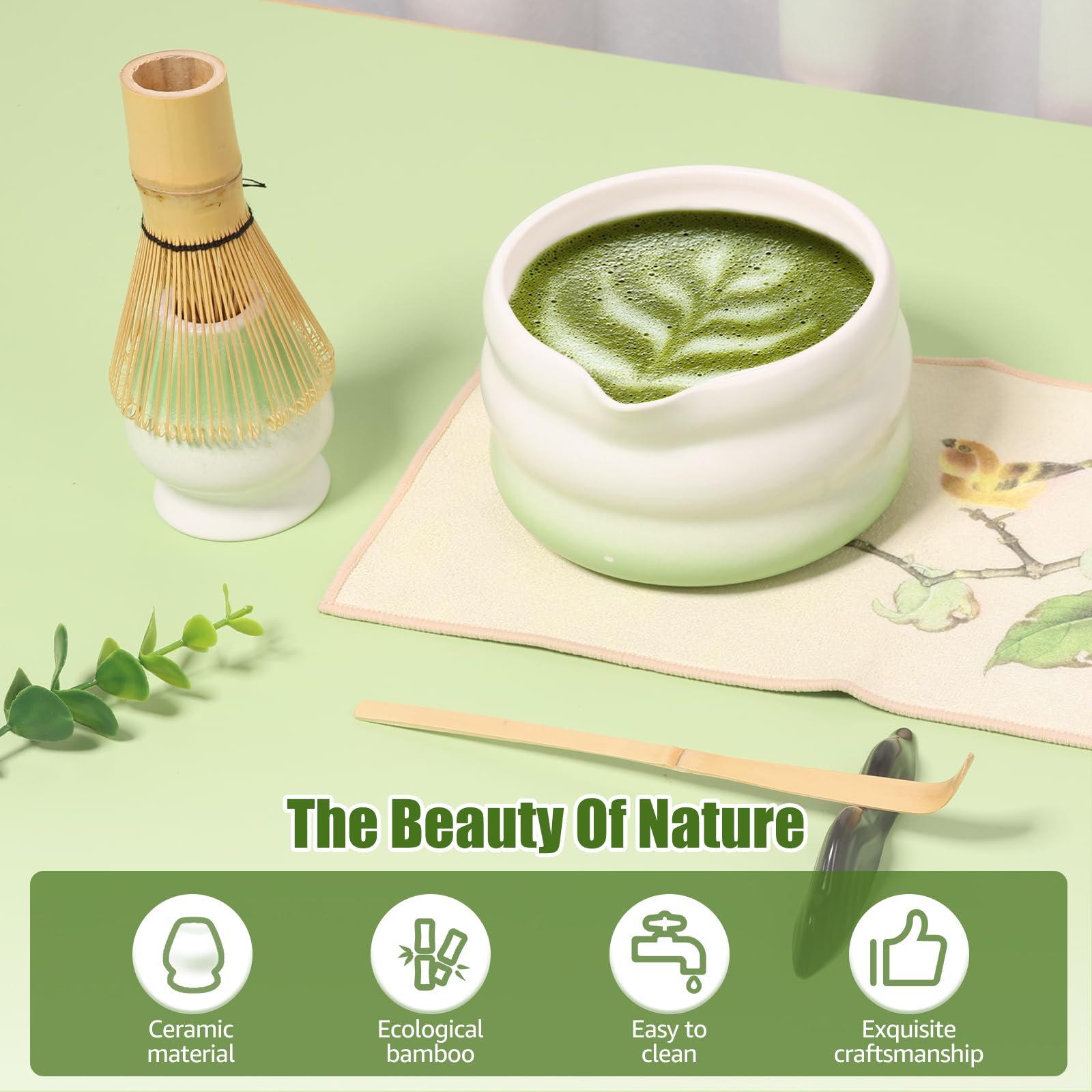 Juego de batidores de matcha – Juego de 7 piezas para hacer té japonés con cuenco matcha, batidor de bambú y soporte de cerámica, tamiz de batidor de acero inoxidable, paño de cocina