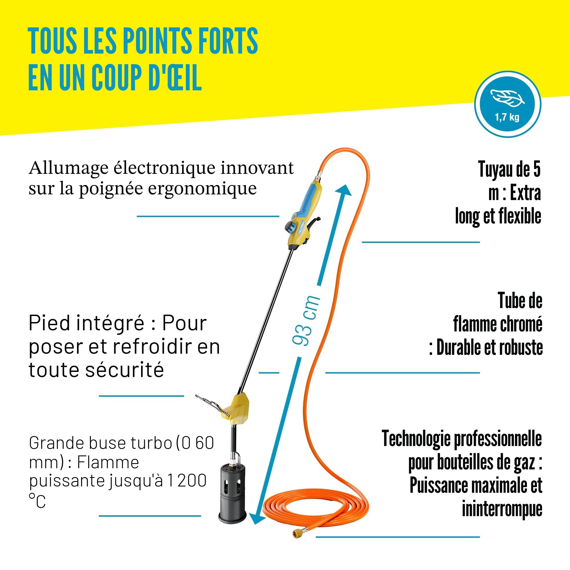 GLORIA Désherbeur Thermoflamm Professional E+ Turbo | Pour Grandes Surfaces | Buse turbo 1200°C | Allumage à la poignée | Travail confortable sans mal de dos | Inclus : tuyau 5m & réducteur de pression