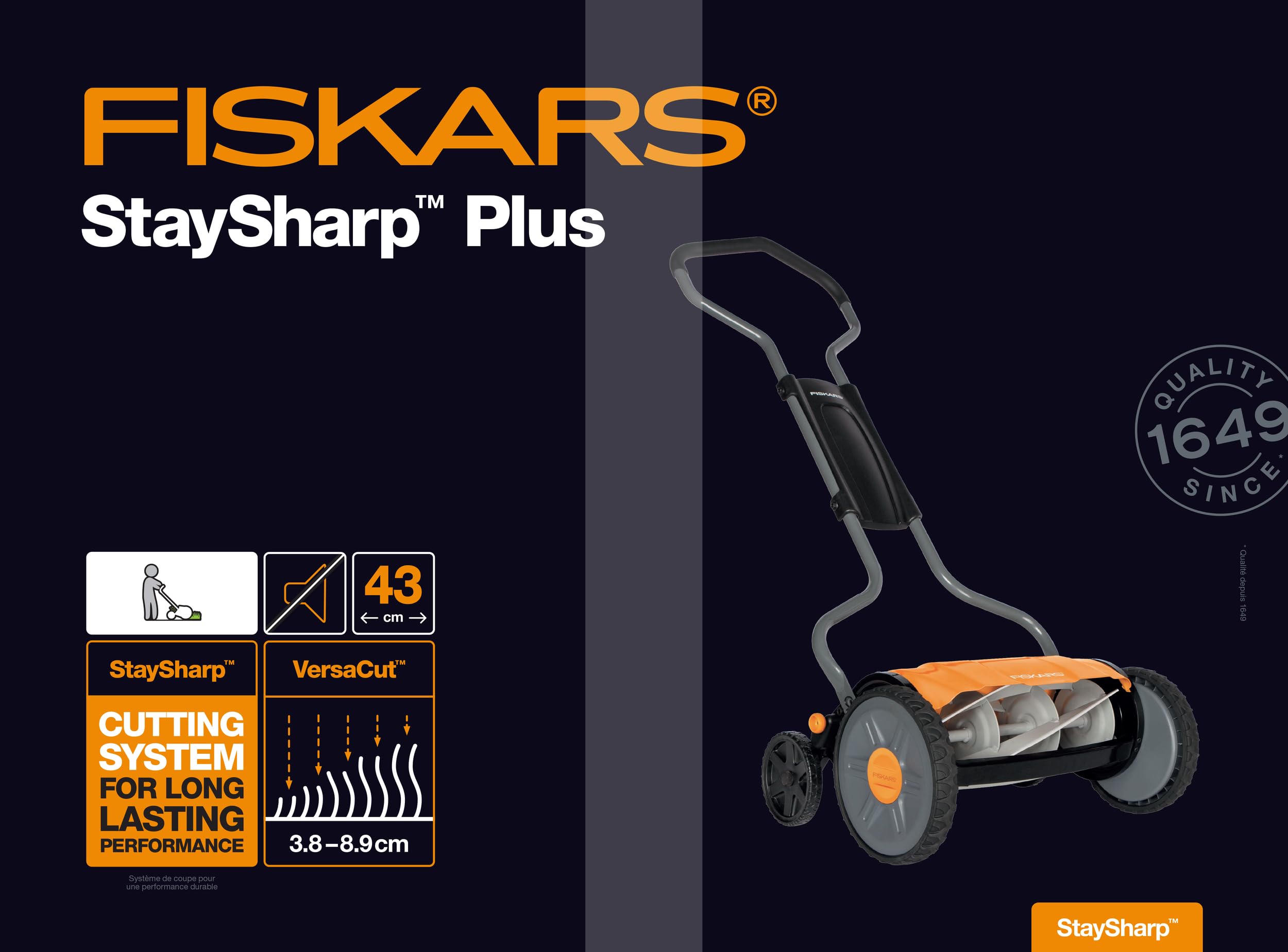 Fiskars Cortacésped manual, Cortacésped cilíndrico con sistema de corte sin fricción de las cuchillas, Largo de corte: 43 cm, StaySharp Plus, Negro/Naranja/Plateado, 1015649