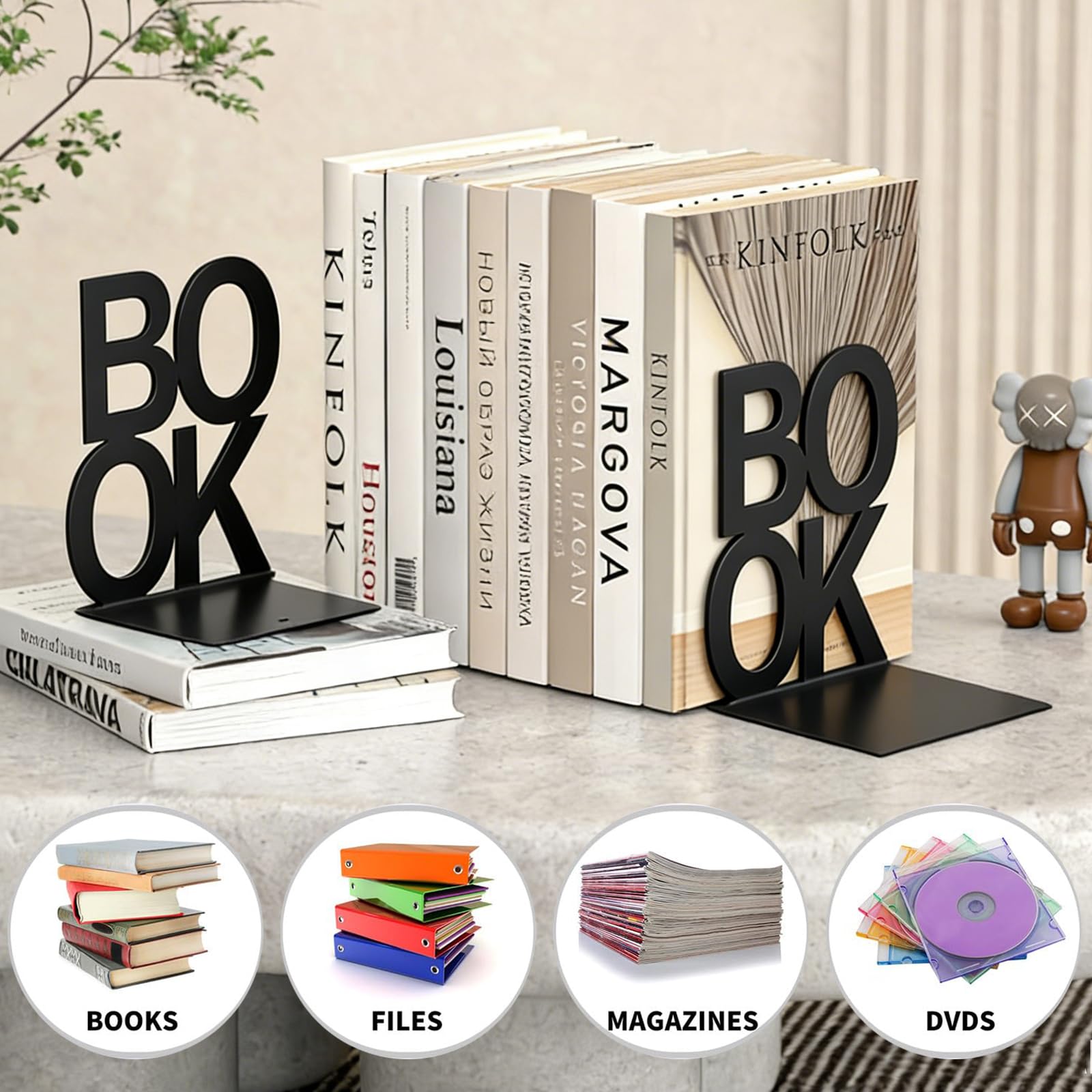 4 Paia Fermalibri per Mensole Ferma Libri in Metallo "BOOK" Scaffali per Scrivania Reggilibri per Mensole Antiscivolo Porta libri per Uffici Scuole Casa Librerie Biblioteche (Nero)