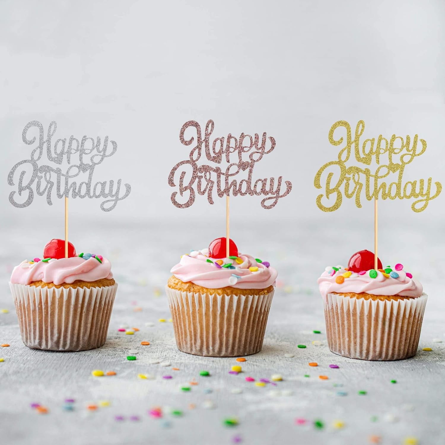 24Pcs Happy Birthday Cupcake Toppers Colorful Glitter Cupcake Picks Birthday Decorations Baby Shower Anniversary Party Supplies