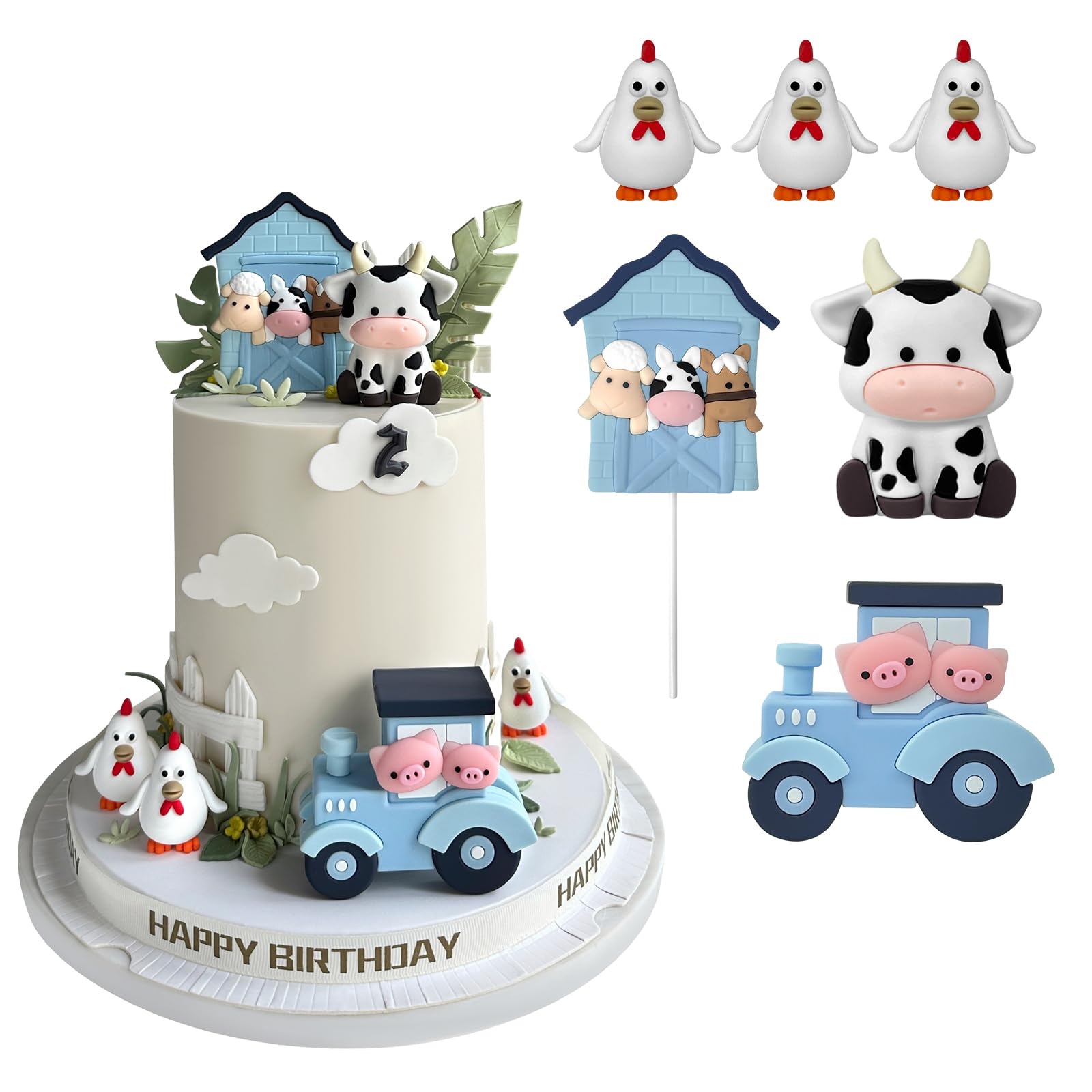 6 PCS Farm Cake Topper with Cow Tractor Cake Decorations for Farm Animal Theme Birthday Party Decoration Supplies (Blue)