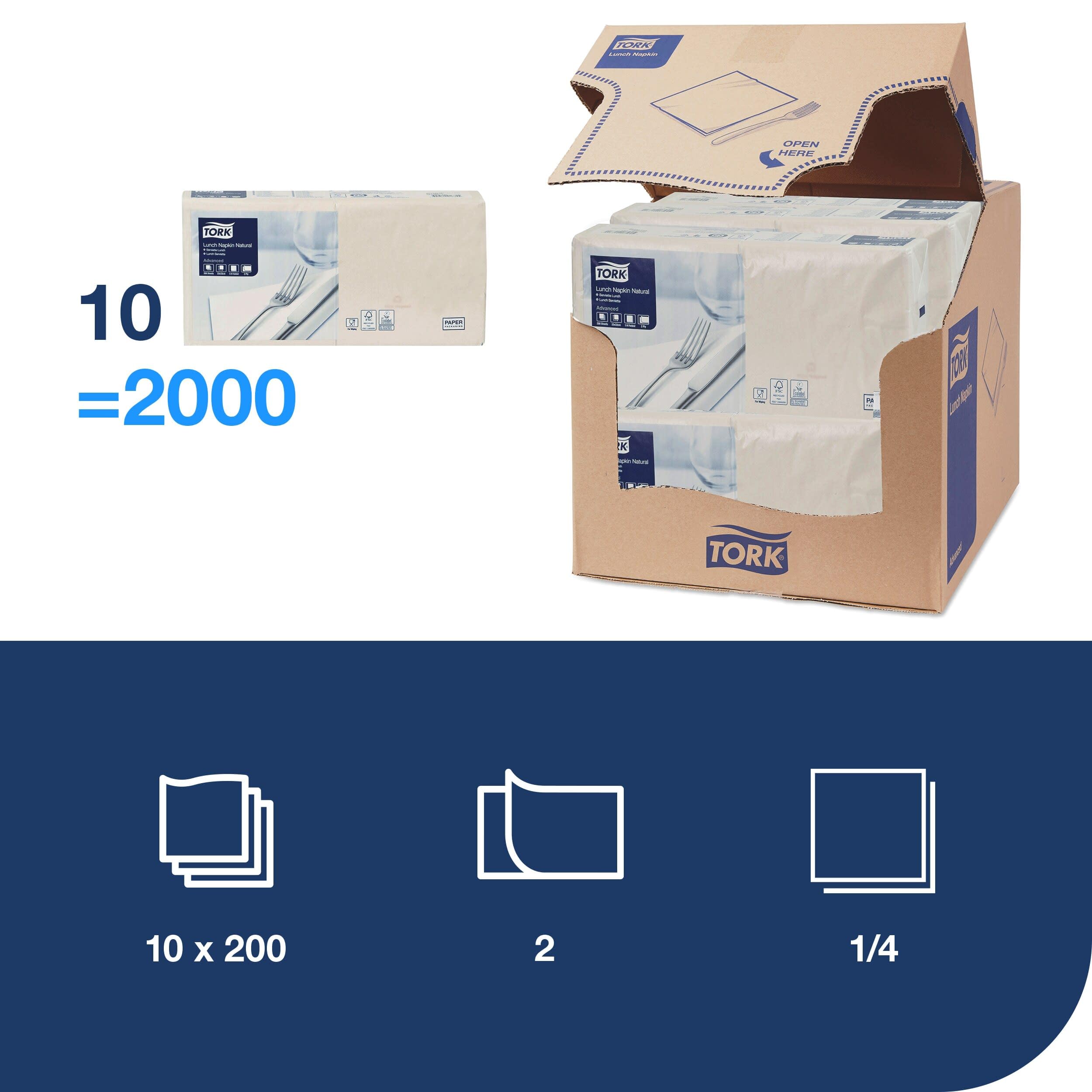 Tork Servilleta de almuerzo, Natural, 1/4 pliegue de 2 capas, 33 cm x 33 cm, 10 x 200 servilletas, 477350