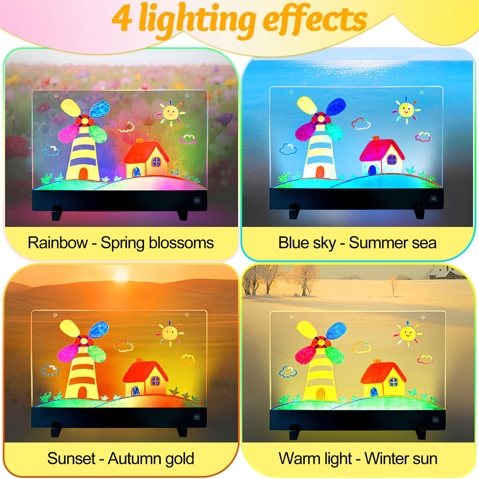 TXErfolg Lavagna da disegno a LED per bambini con 4 effetti di luce, 35 x 26 cm, lavagna acrilica luminosa, lavagna magica a LED con penna a 7 colori, lavagna ricaricabile per messaggi, per ufficio