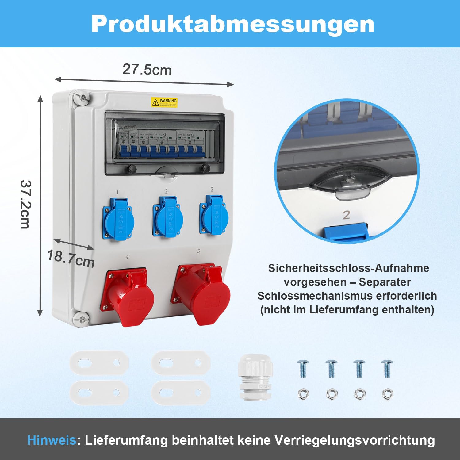 Rozdzielacz prądu budowlanego, 1 x CEE 32 A 400 V + 1 x CEE 16 A 400 V + 3 x 230 V Schuko, 5-biegunowy rozdzielacz ścienny z przełącznikami LS, rozdzielacz prądu IP44 z klapkami zabezpieczającymi