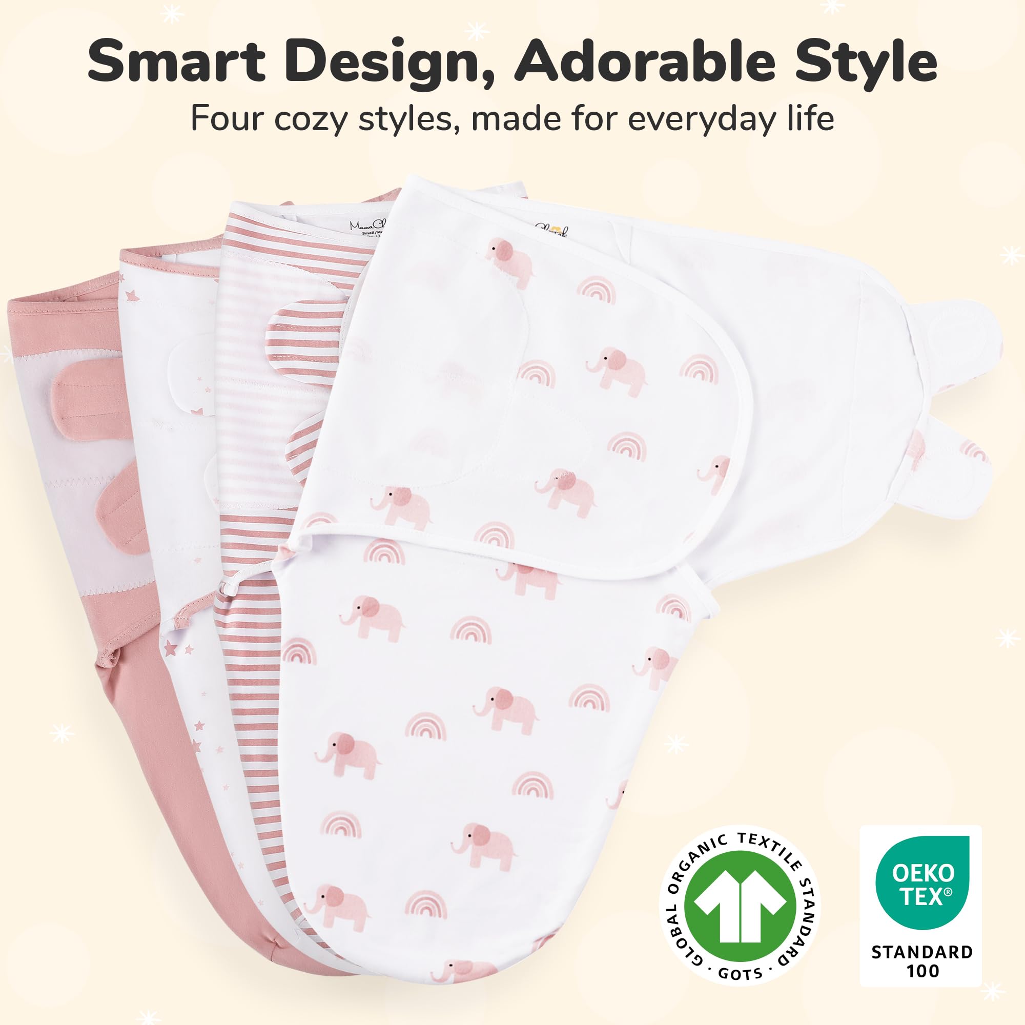 Mama Cheetah – Lot de 4 couvertures d’emmaillotage en Coton Bio pour bébé, Langes Ajustables faciles à Utiliser pour garçon et Fille de 0 à 3 Mois, Essentiels pour Nouveau-né