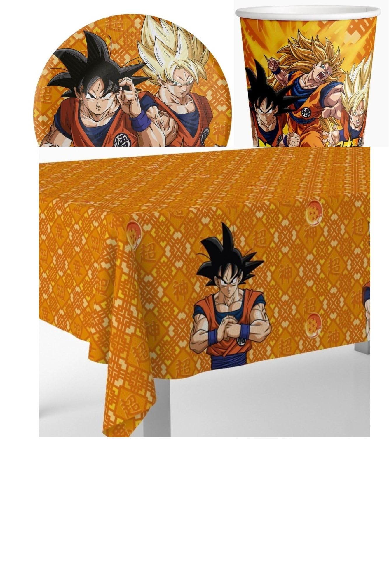 Set 33pz - Kit Coordinato tavola DRAGONBALL - decoro tavola buffet feste, party per bambini - 16 piatti dessert + 16 bicchieri + 1 tovaglia