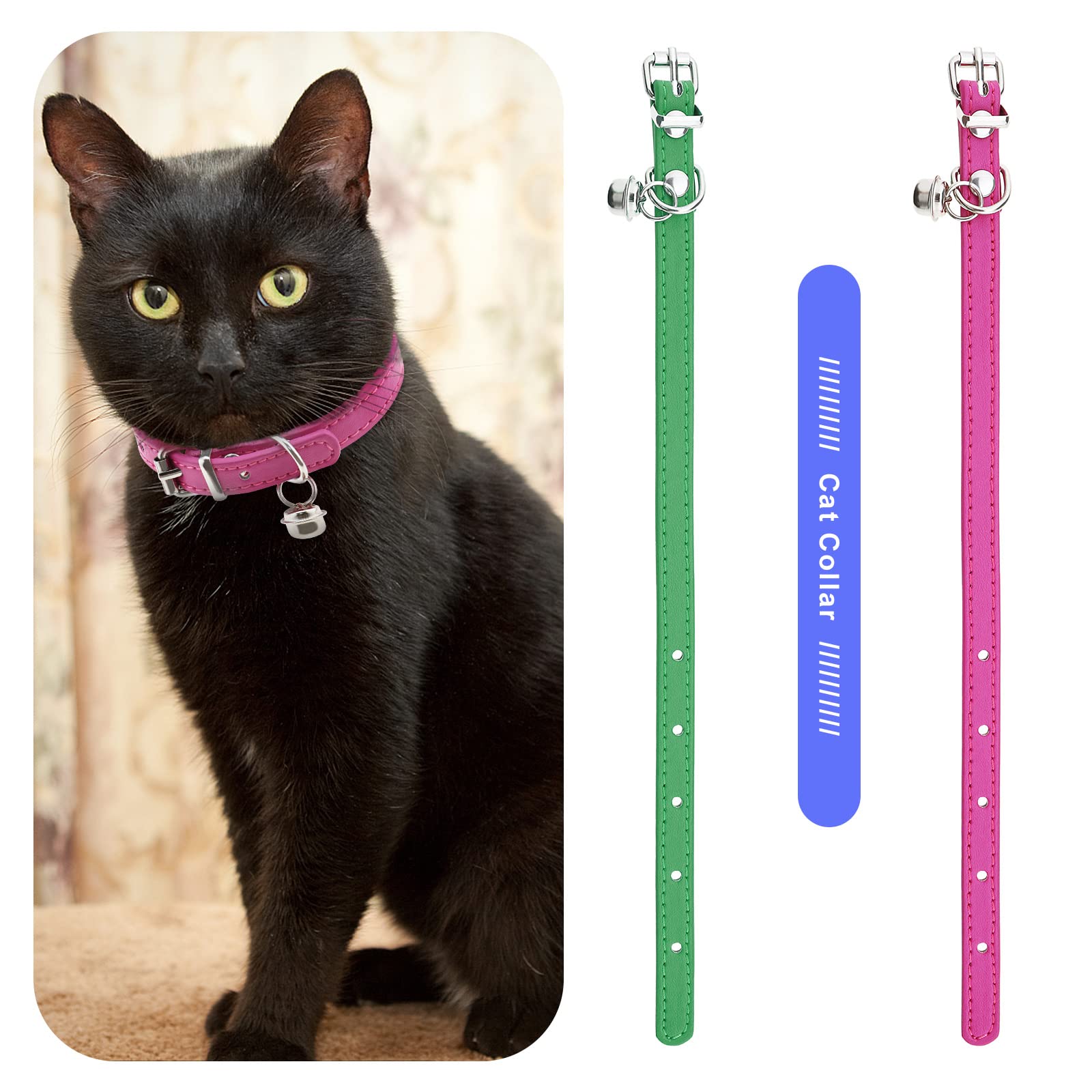 Collare Per Gatti Con Campanello - 2 Pezzi, Pelle PU, Regolabile 15-23 Cm, Colori Rosa E Verde