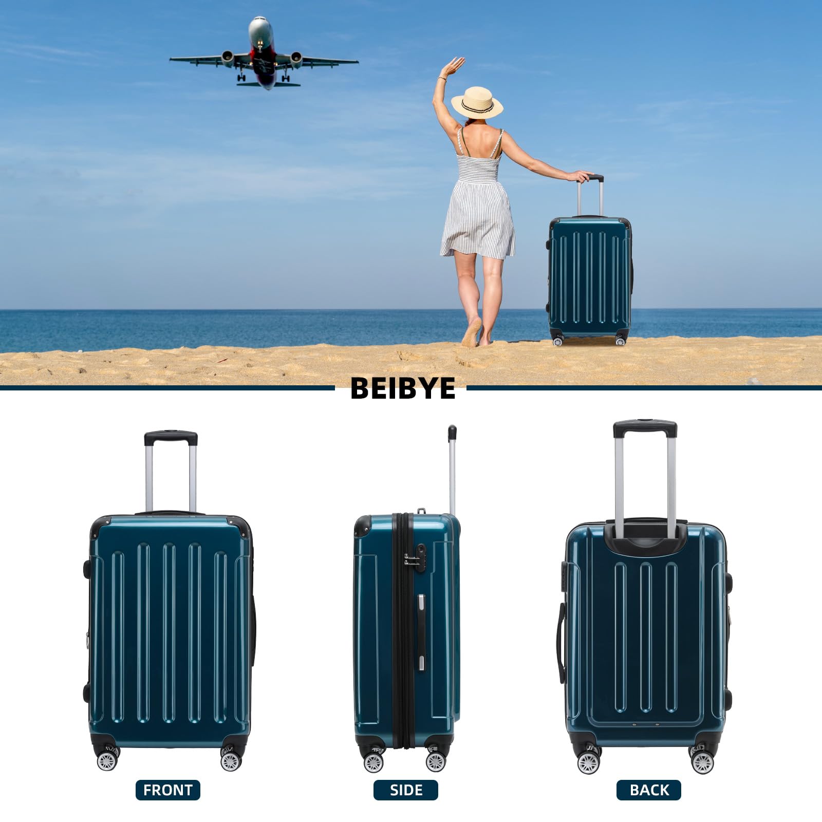 BEIBYE- 3er Kofferset Hartschalen-Koffer Reisekoffer Trolley Rollkoffer Set Reisekofferset (Pale Green)