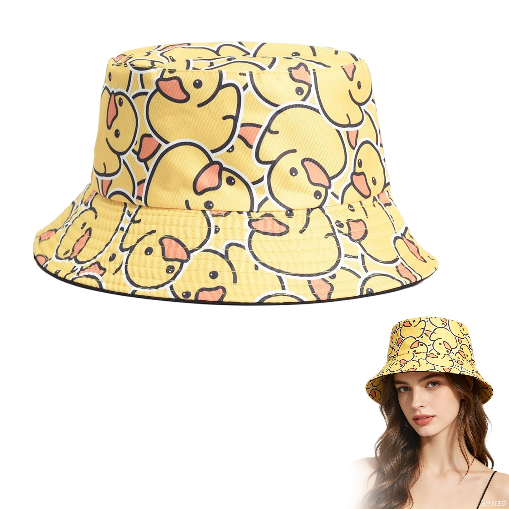 Duck Bucket Hat,Duck Hat,Yellow Bucket Hats,Sun Hat with UV Protection,Summer Hats,Cute Print Reversible Bucket Hats,Retro Double-Sided Packable Design Cap for Outdoor Activities Travel Outings