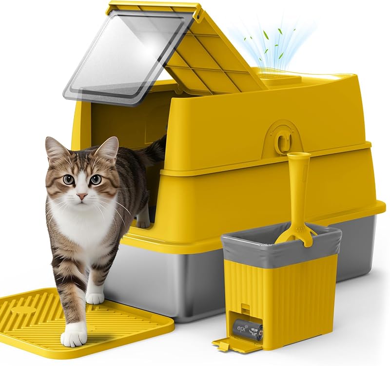 Caixa de Areia para Gatos Grande em Aço Inoxidável com Tampa, Filtro de Carbono e Pá AIPERRO Mustard Yellow