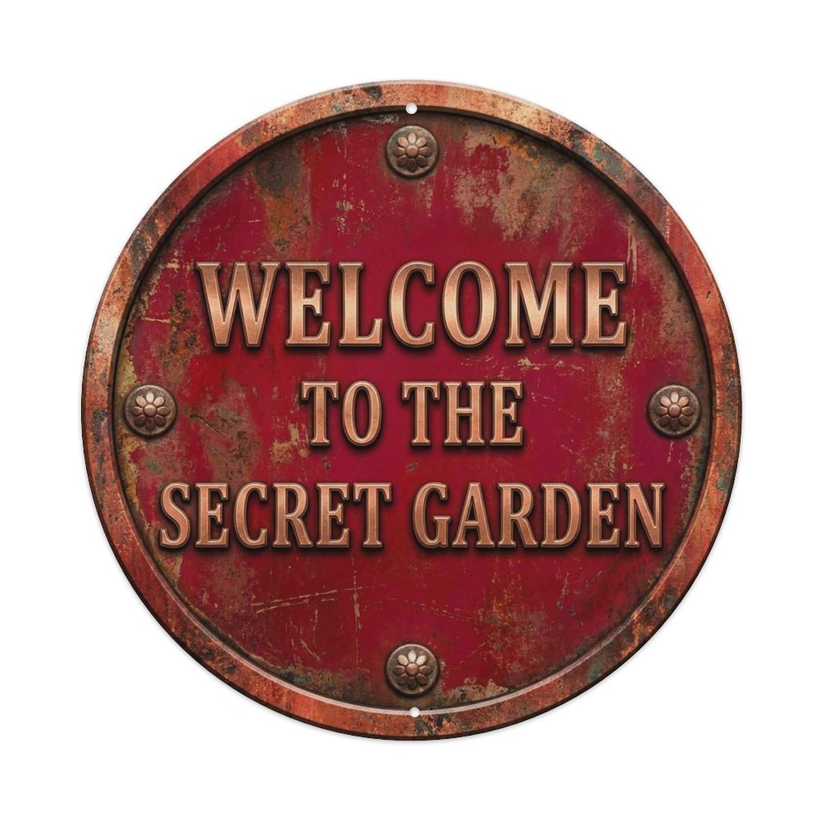 Vintage Welcome Secret Garden Copper Crimson Metal Tin Sign