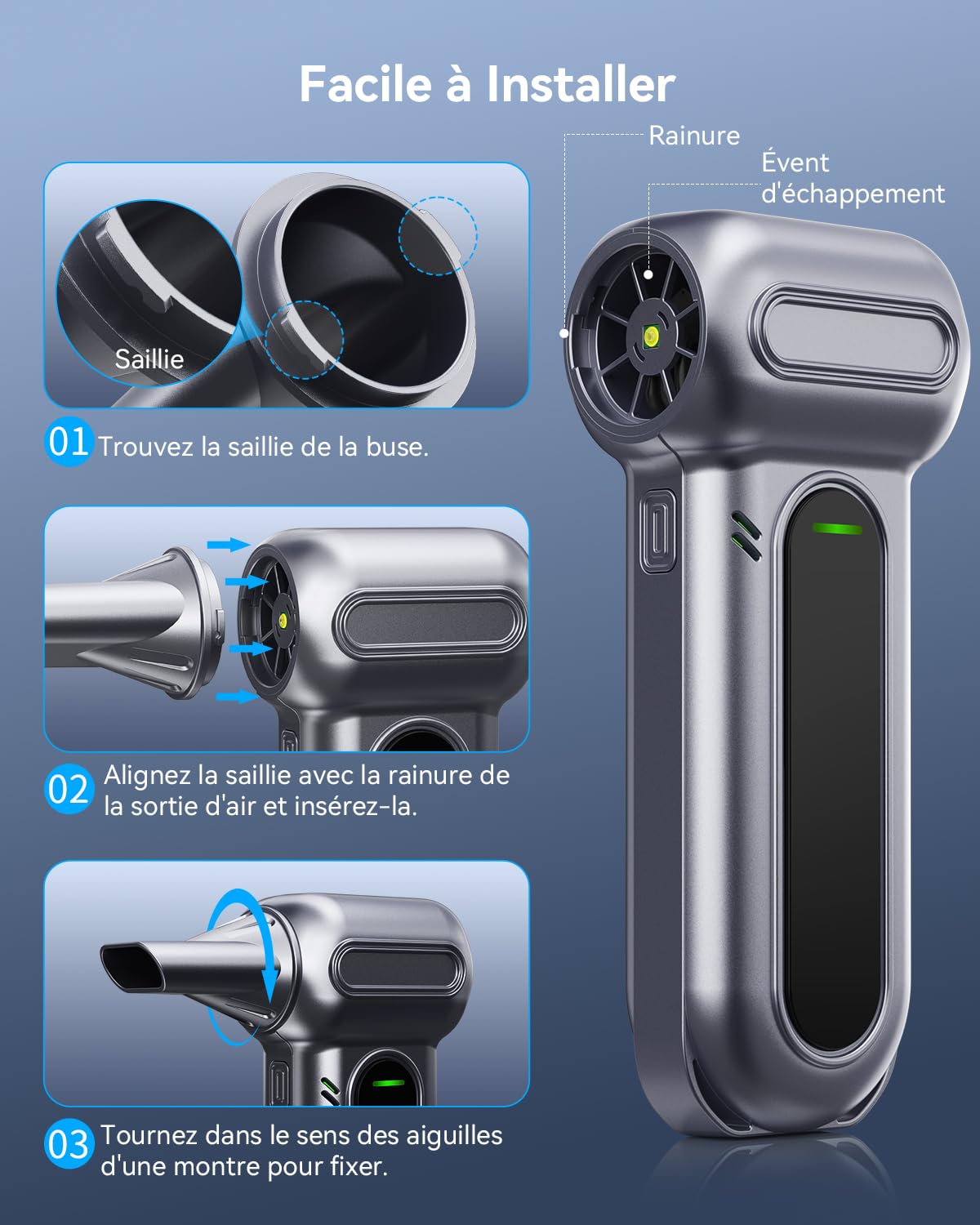 Souffleur Air Comprimé 200000 TR/Min, Mini Souffleur Sans Fil Puissant Souffleur Batterie avec 4 Vitesses, Lumière LED, Soufflette Électrique Nettoyage pour PC, Voiture, Clavier, Ordinateur, Feuille