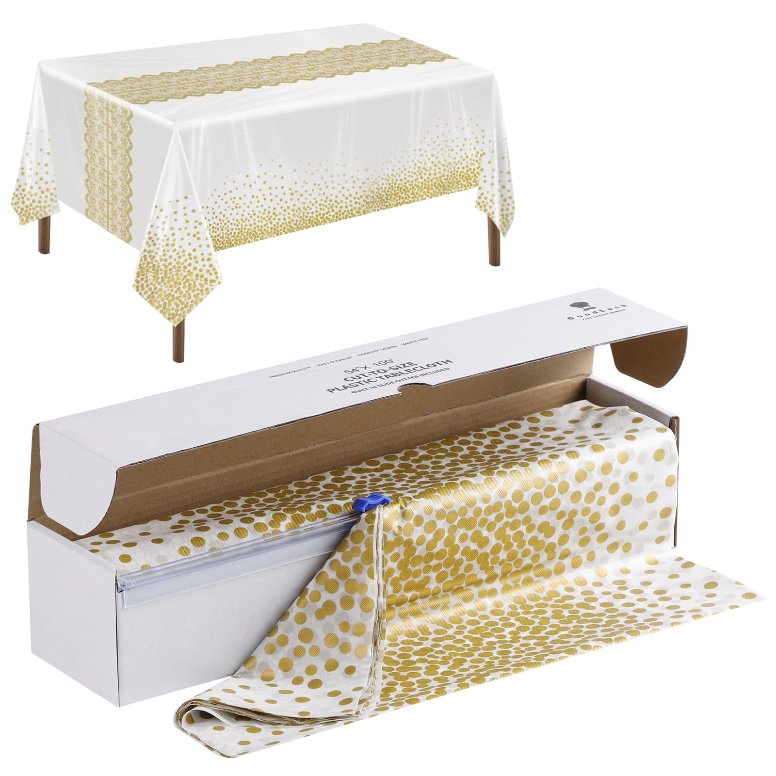 54 Inch X 100 Feet Plastic Table Cloths with Cutter Box, Disposable Table Cloths for Parties, Tablecloth Plastic for Party, Banquet, Wedding, Birthday, Baby Shower, Anniversary, White Gold Dot