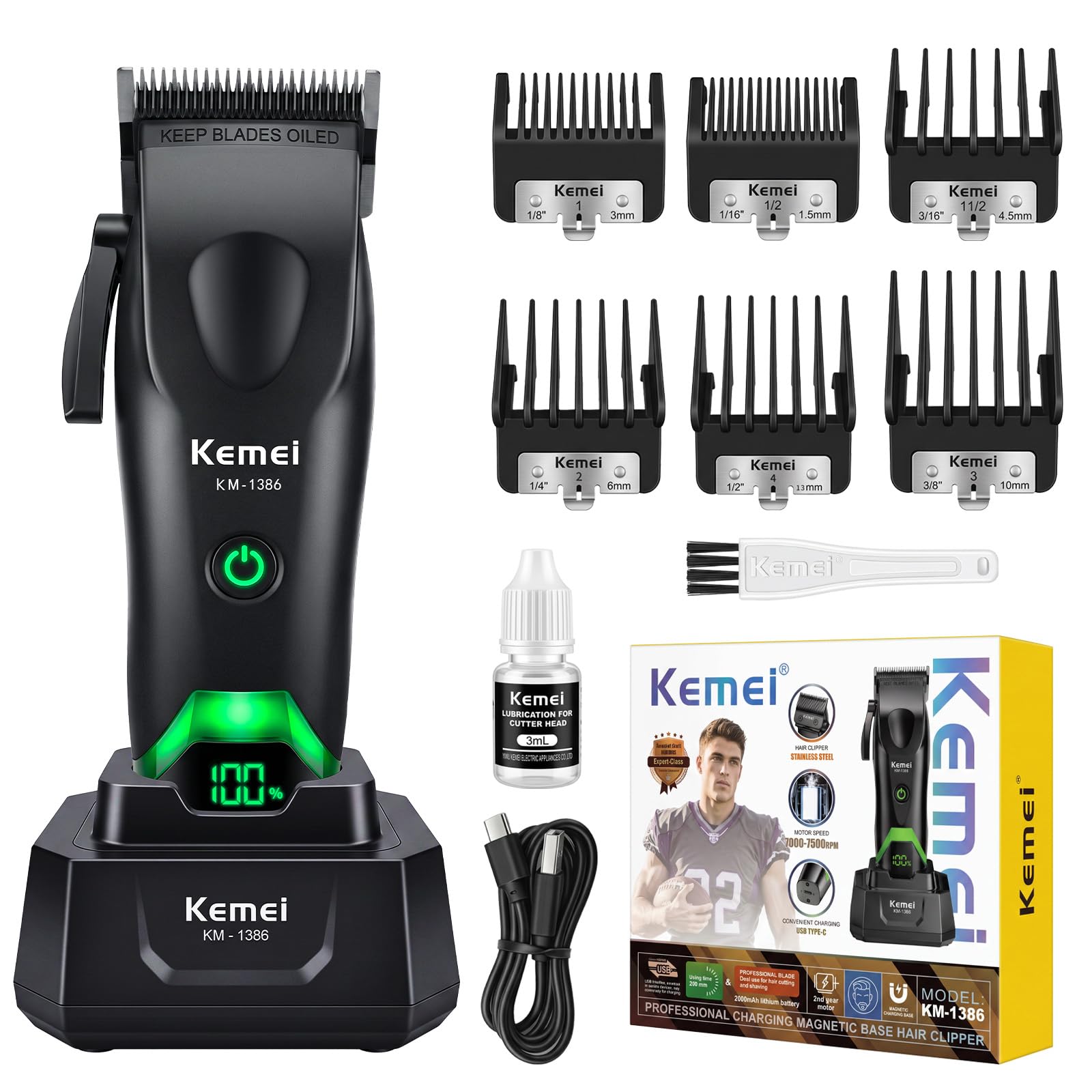 KEMEI 1386 Cortapelos, 7500RPM, 2 Velocidades, USB-C, Base de Carga