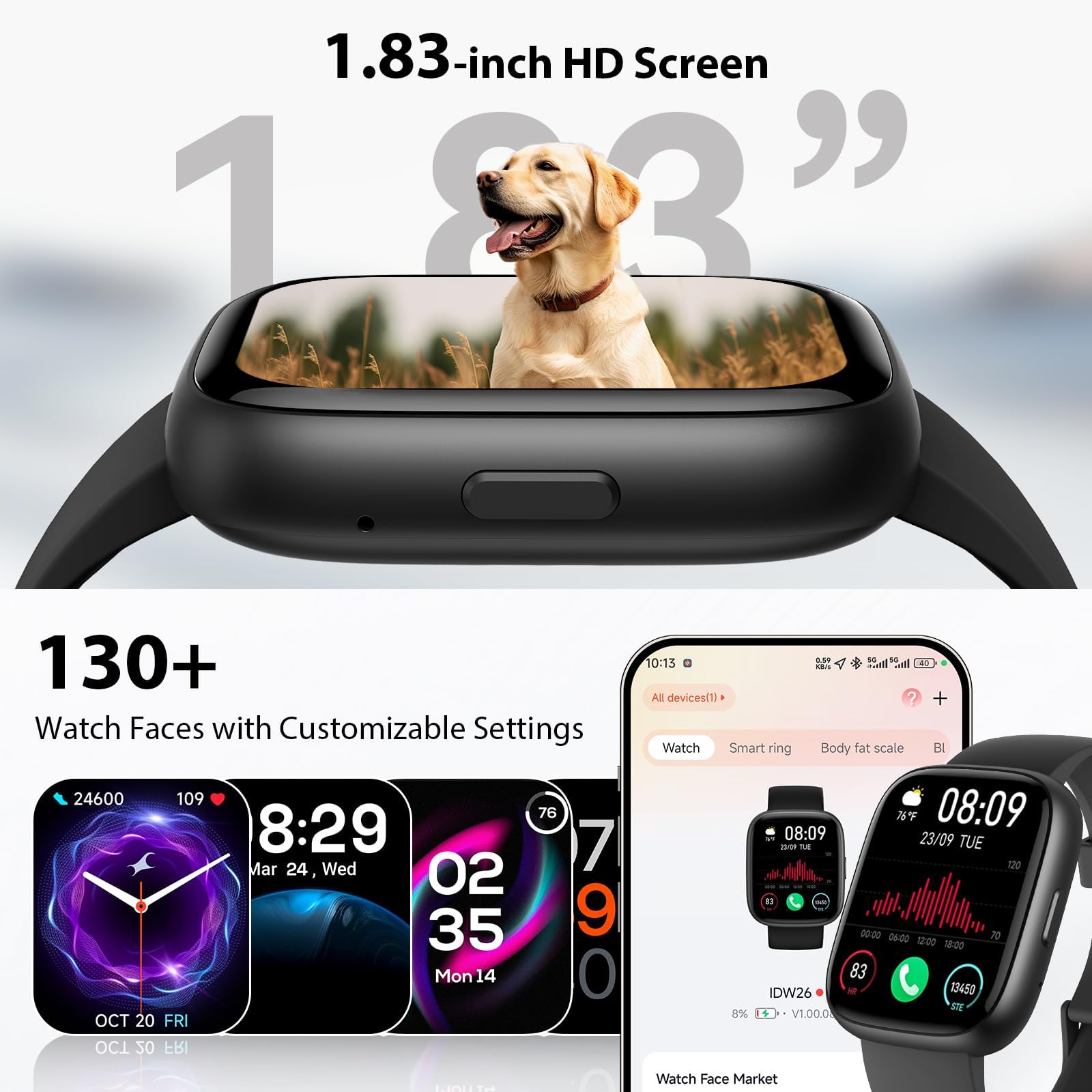 Smartwatch Damen Herren, 1.83" Fitness Tracker mit Alexa/Telefonfunktion, 120+Sportmodi Fitnessuhr mit Herzfrequenz/Schlafmonitor/Schrittzähler, IP68 Wasserdicht Smart Watch Sportuhr für Android iOS