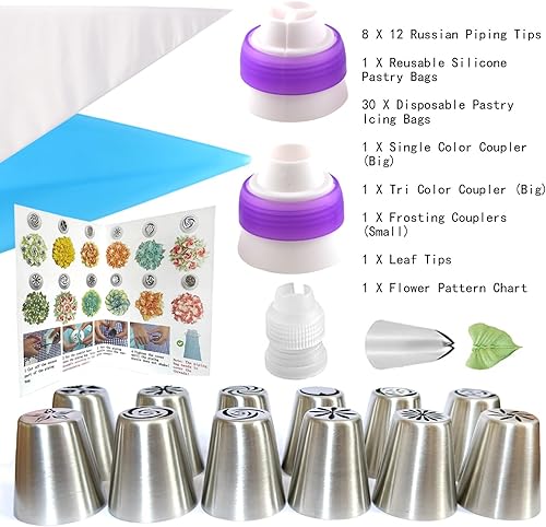 Miniatura 9 de GEMLON Puntas de tubería rusa para decoración de pasteles, juego de 88 suministros para hornear, 49 puntas de glaseado, 3 puntas de bolas rusas,