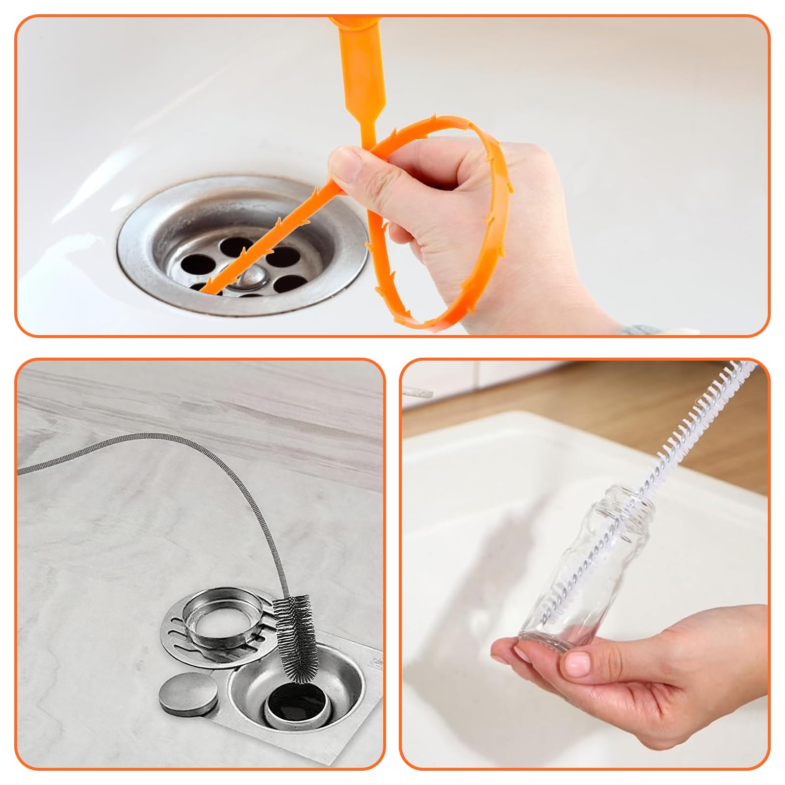 4 Piezas Desatascador Tuberias Profesional, Cepillo Desatascador de Fregadero para obstrucciones, Cepillo para desagües y Cepillo Limpiador de tuberías, Ideal para Cocina y baño