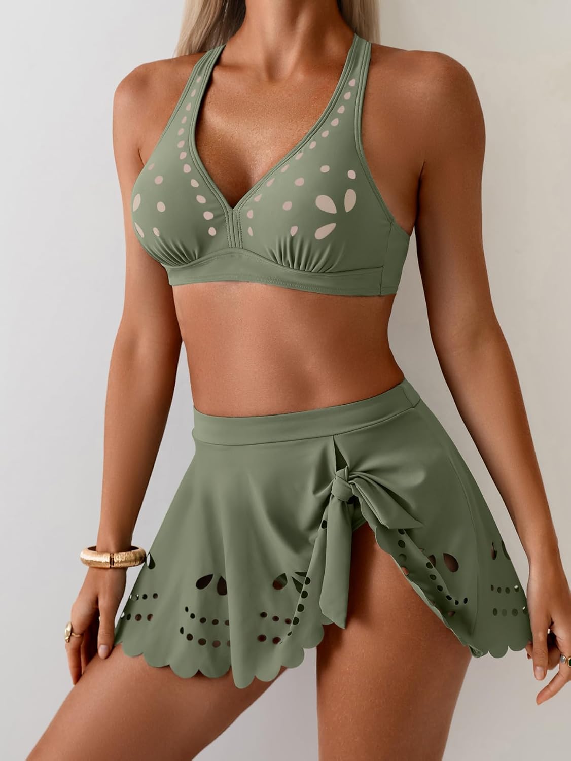 Eomenie Women's High Waisted Bikini Sets Tummy Control V Neck Two Piece Swimsuit Cutout Tie Back Bathing Suit with Skirt - Image 4