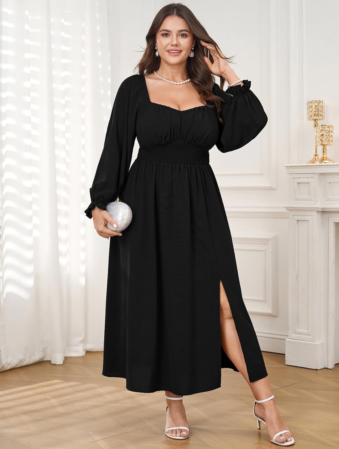 Plus Size Maxi Dresses for Curvy Women Long Sleeve Sweetheart Neckline Smocked Fall Wedding Guest Cocktail Dress Slit - Image 4