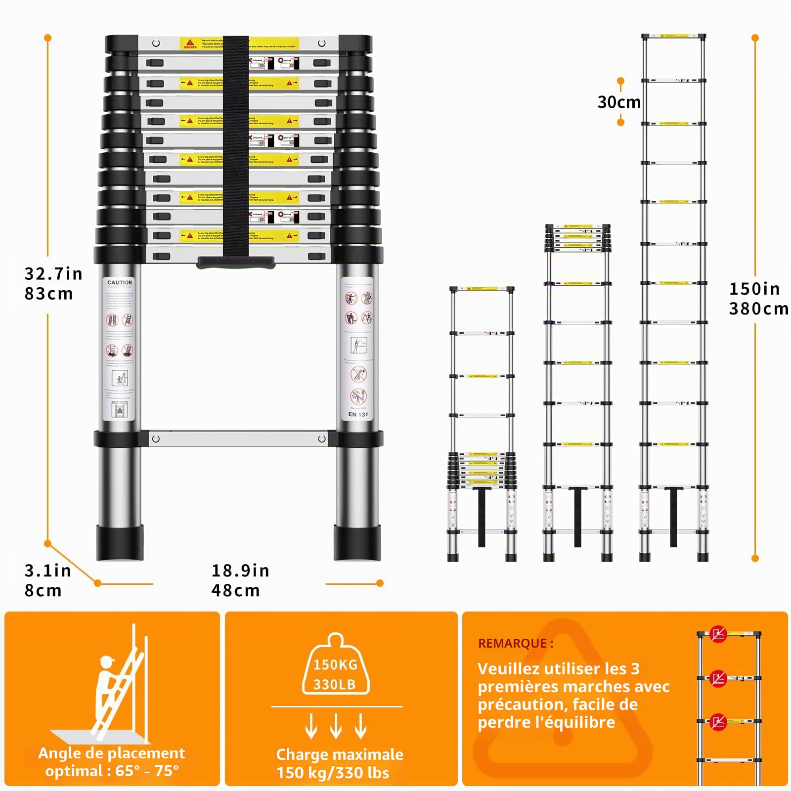 Nestling Échelle Télescopique 3,8M en Aluminium Bricolage Pliable Extensible Unique Droite Multi-Fonction Ladder Charge 150kg