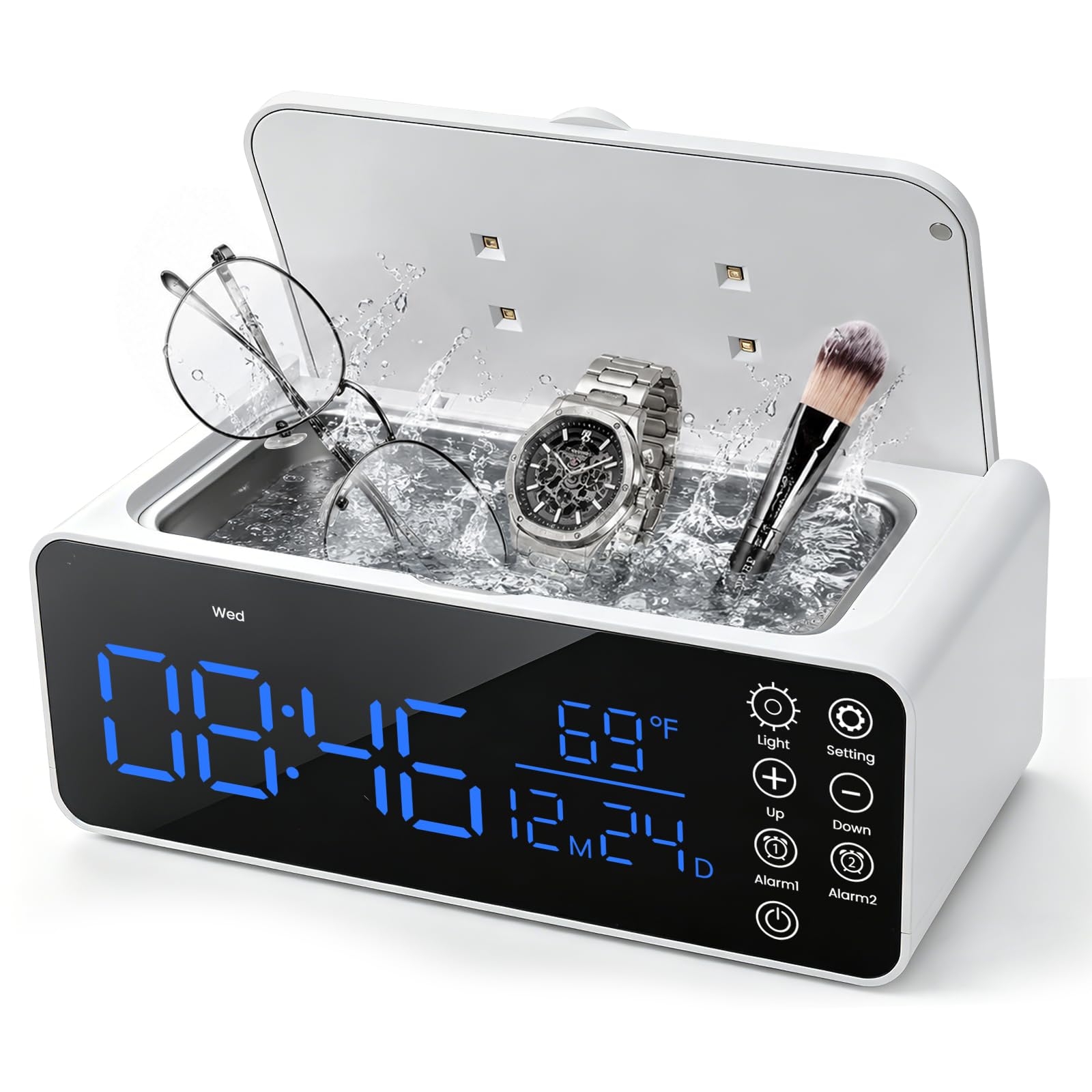 Dispositivo di pulizia a ultrasuoni, 48 kHz, 500 ml, dispositivo a ultrasuoni con sveglia, pulitore a ultrasuoni con display LCD, per apparecchi dentali, occhiali, anelli, orologi, incluso panno per