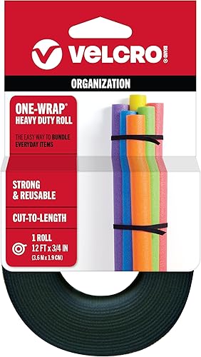 VELCRO Brand - Rollo ONE-WRAP, doble cara, cinta multiusos autoadherente de gancho y bucle, reutilizable, rollo de 12' x 34" - Negro