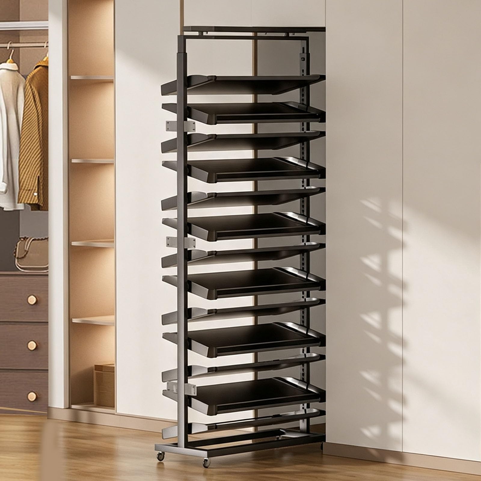 Organizador de Estante extraíble para Zapatos para Armario y ropero, Zapatero expansible, Altura Ajustable, retráctil, para dormitorios pequeños(Black B,14 Tier/D43CM)