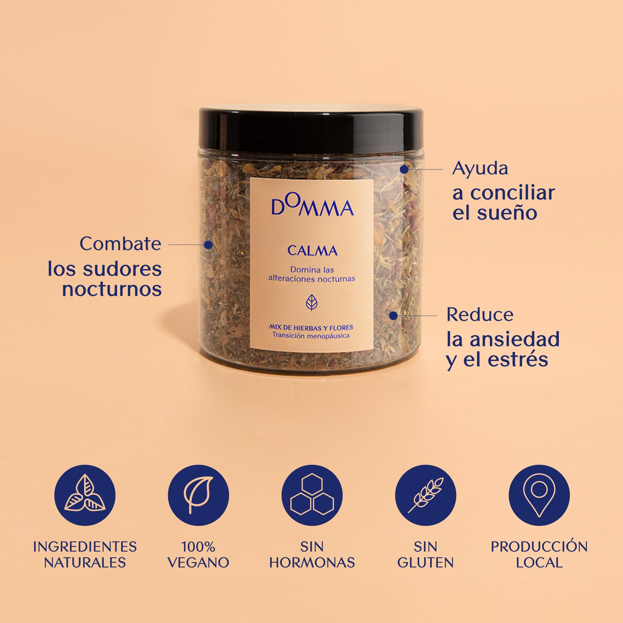 Menopausia - Calma Domma | Infusión herbal para calmar los sofocos nocturnos de la Menopausia y el insomnio - con Valeriana, Salvia, Pasiflora, Caléndula - Sin Gluten y Vegano | 80 gr