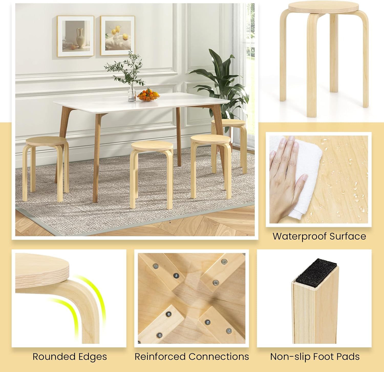 POWERSTONE Stacking Stools Set of 4, Portable Bentwood Nesting Stools, 18 Inch School Chairs Flexible Seating for Students Adults Classroom Elementary Home Kitchen Dining Room Use Natural