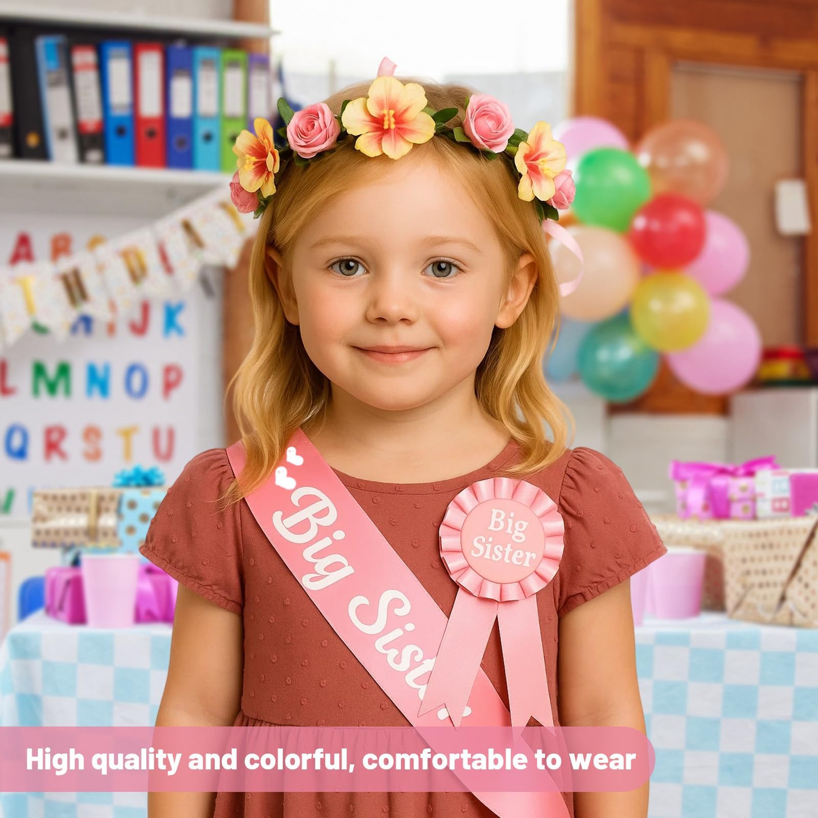 3 PCS Big Sister Gifts, Promoted to Big Sister Accessories with Pink Sash, Badge and Flower Crown - Image 4