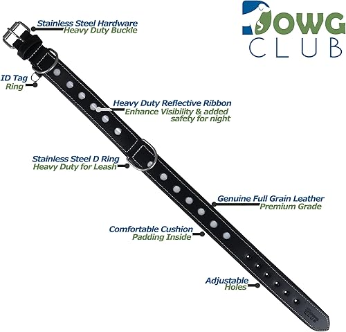 Miniatura 2 de DowgClub Collar reflectante de cuero genuino para perro, serie Stellar, seguro para caminar de noche, suave, acolchado acolchado, hecho a mano,