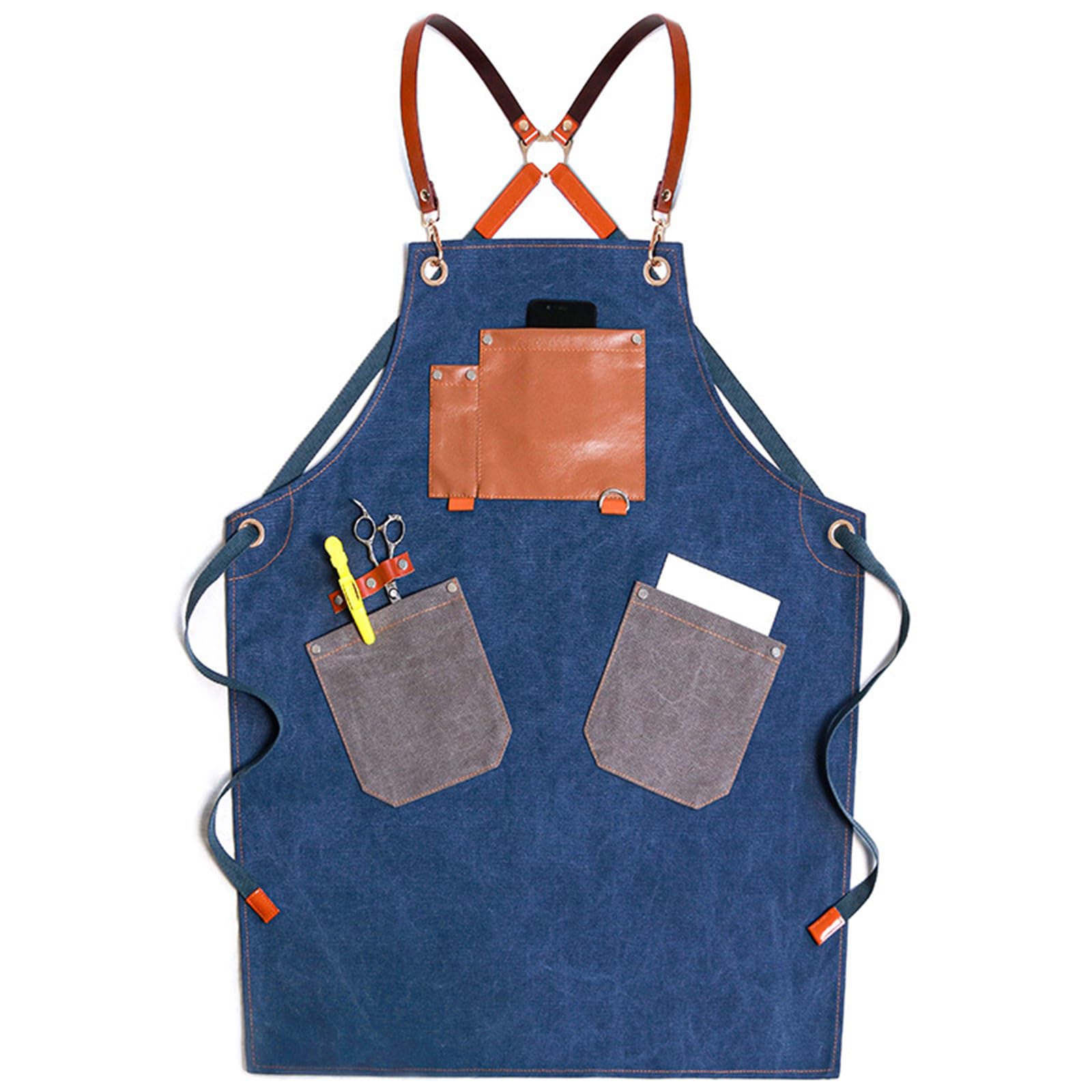 Delantal De Trabajo De Mezclilla Ajustable Tirantes Cruzados Delantales De Barbero Múltiples Bolsillos Para Hombres Y Mujeres Apto Para Cocina Jardinería Horneado Barbacoa