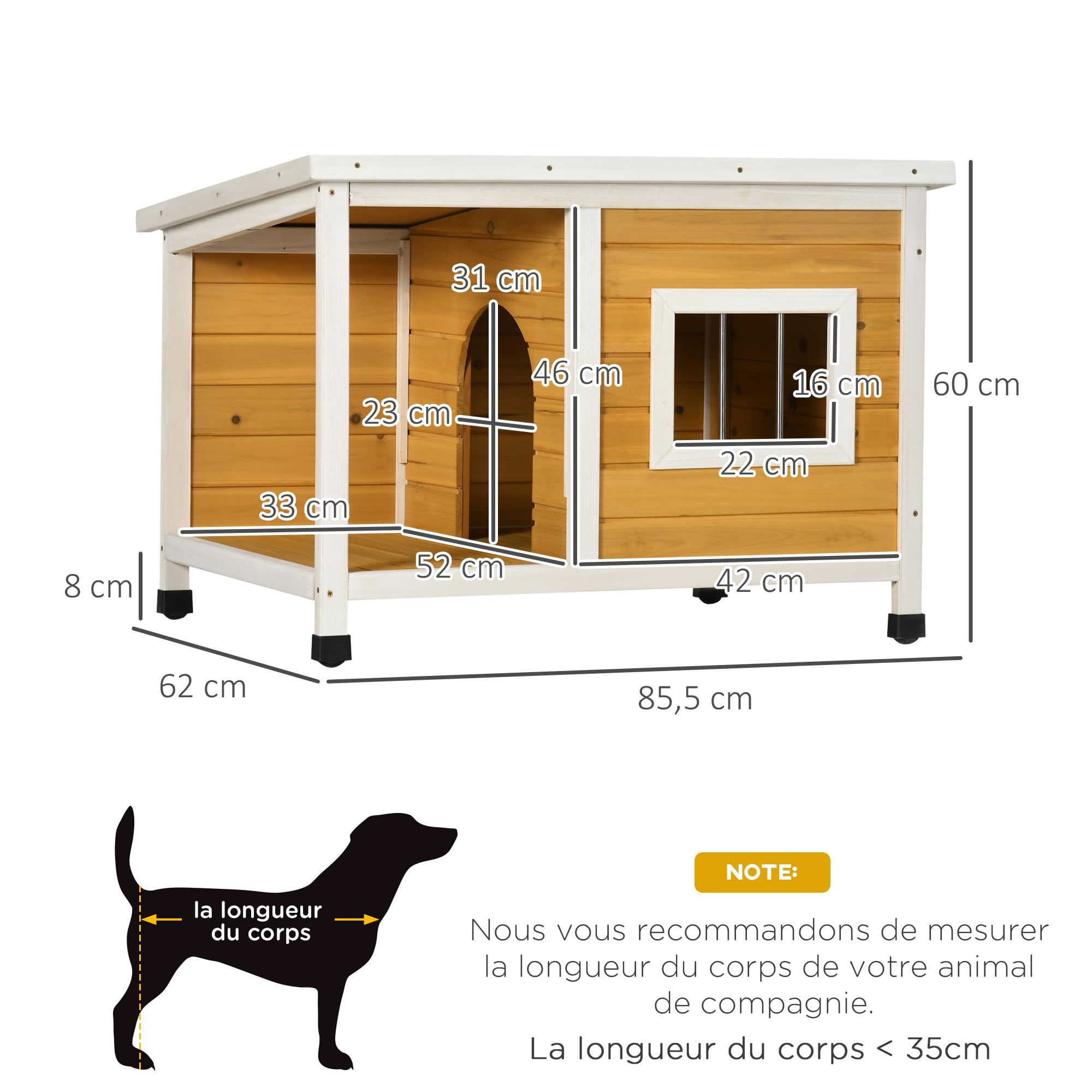 PawHut Niche pour Chien extérieur en Bois avec Toit ouvrant et fenêtre, 85,5 x 62 x 60 cm, Orange
