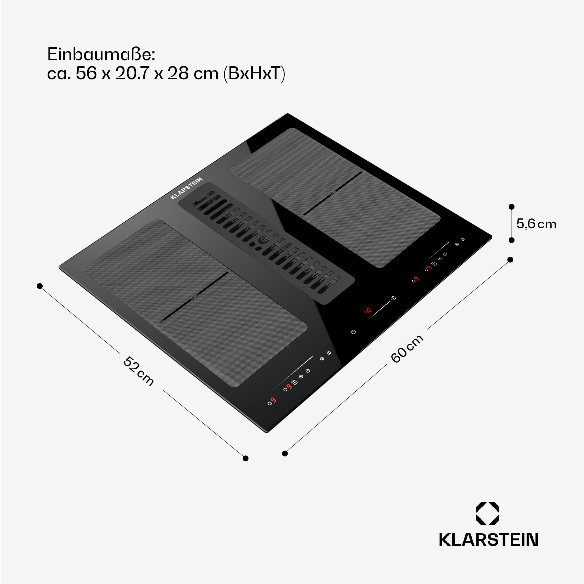 Klarstein 2-in-1 Kochfeld mit Dunstabzug Integriert, Induktionskochfeld mit Dunstabzug für Kücheninsel, Kochfeld mit Integriertem Dunstabzug 60cm, 391m³/h Luftstrom, Touch Control, Energieklasse A+