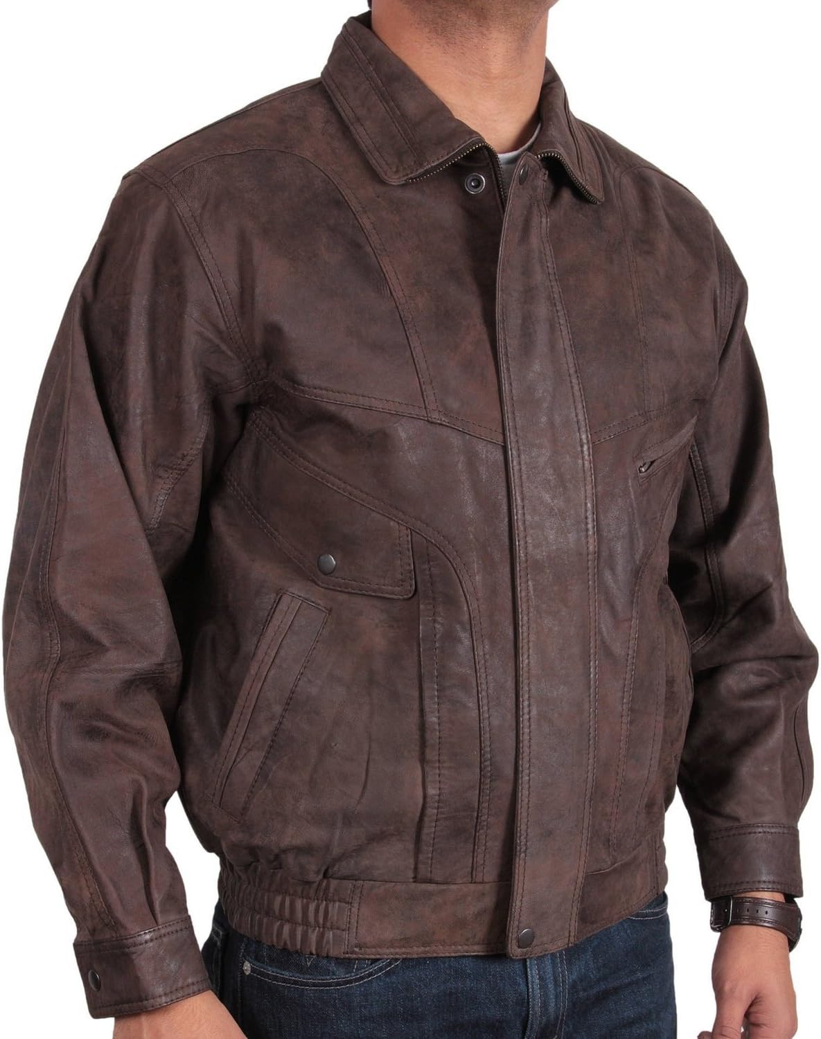 BRANDSLOCK Mens Real Leather Bomber Jacket Merve