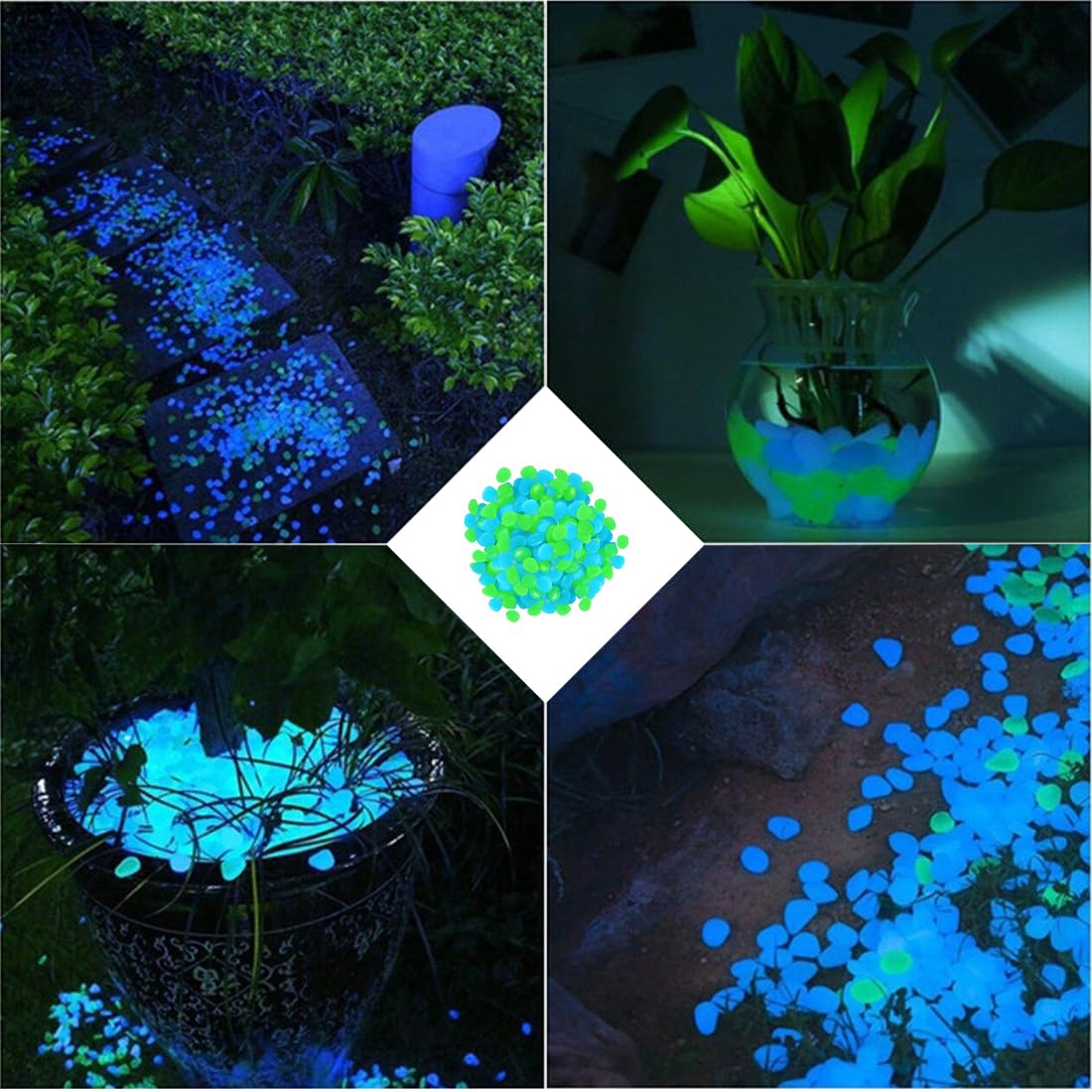 300 Pezzi Luminose che Brillano al Buio, Fluorescenti in Resina, da Giardino, Decorativi per Vasi, Sassolini Decorativi, per Acquario, Ciottoli Luminosi per Prati e Terrazza (Blu, Verde)