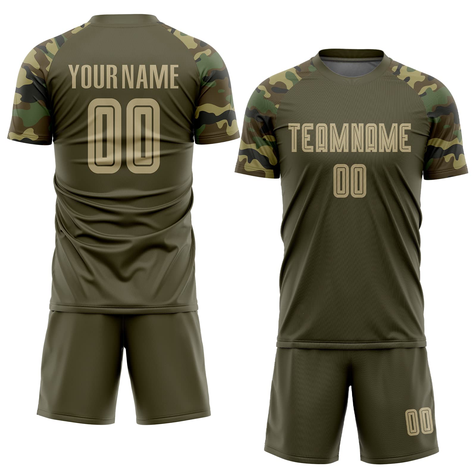 Personalized Olive Soccer Shirts Printed Team Name Number Logo Custom Football Practice Uniform with Camouflage Short Sleeve Make Your Own Sports Fan Athletic Jersey Set for Men Women Kids Boys Girls