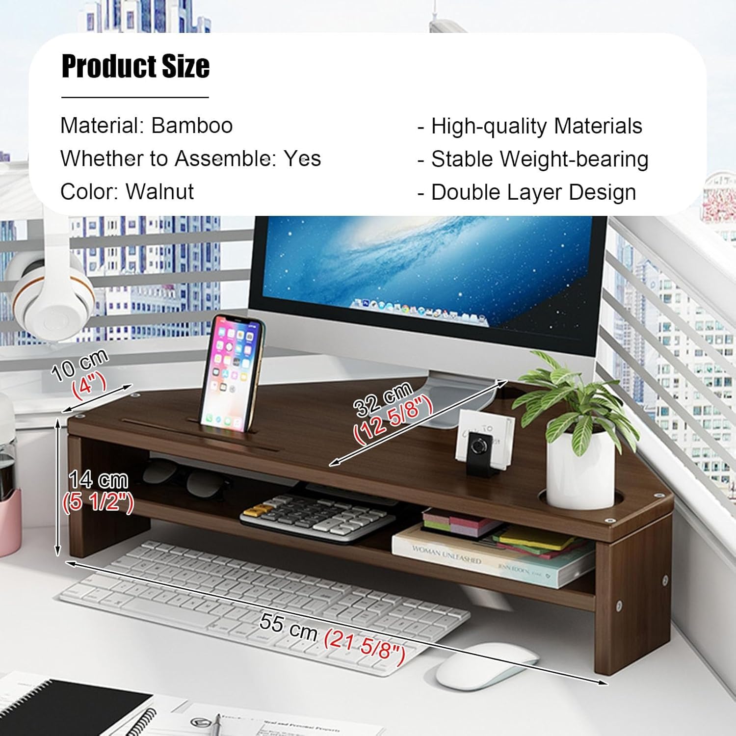 Supporto per Monitor Angolare in bambù, Alzata Ergonomica per Schermo Triangolare da Scrivania con 2 Livelli di Archiviazione, Ripiano Organizer da Tavolo Ad Alta capacità di Cari, Walnut