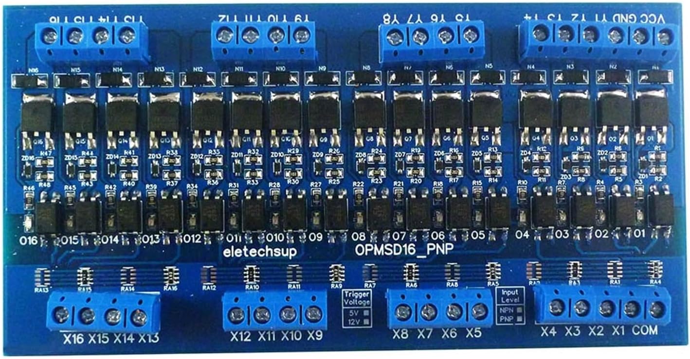 16CH DC 3.3-24V 5A MOS Solid State Relay Module Din Rail Mount PNP PLC IO Signal Amplifier for Motor Relay LED(with Shell,NPN in 3.3-5V_PNP Out)