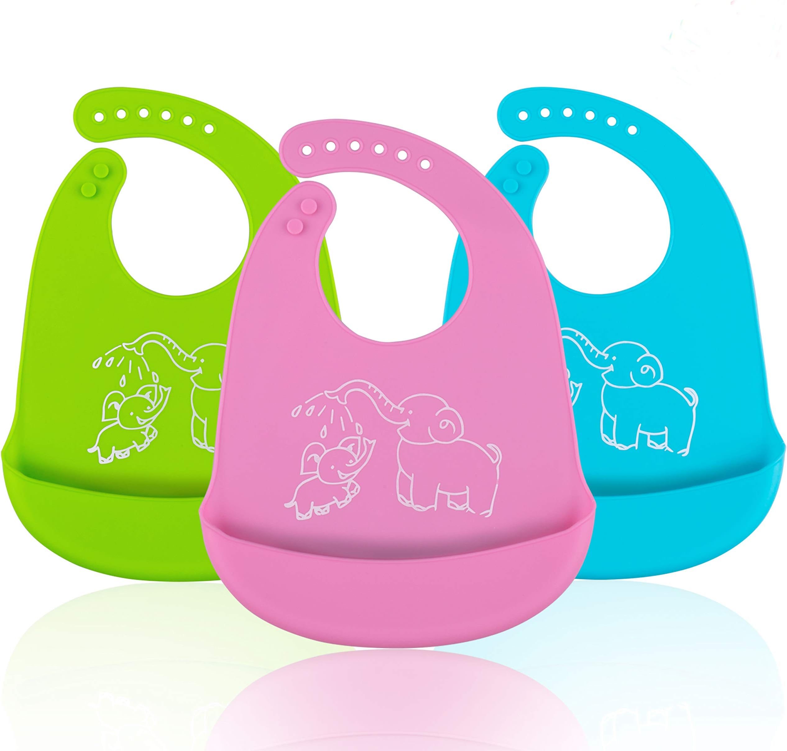 Waterproof Silicone Baby Bibs, Omew Adjustable Soft Feeding Bibs with Food Crumb Catcher Pocket for Babies/Toddlers-Easy to Clean, Dry, Non Messy-3 Pack (Blue/Green/Pink)