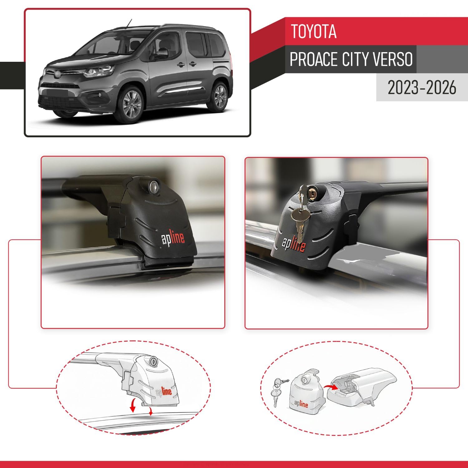 Kompatybilny z Toyota Proace City Verso 2023-2026 Aluminiowy bagażnik dachowy – 2 poprzeczki, czarne