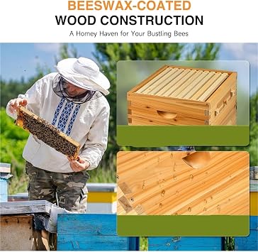 30 Frame Bee Hive,Bee Hive Boxes Starter Kit with Medium Box & 2 Deep Boxes Beeswax Coated Beehive with Frames & Foundations for Bee Keeping