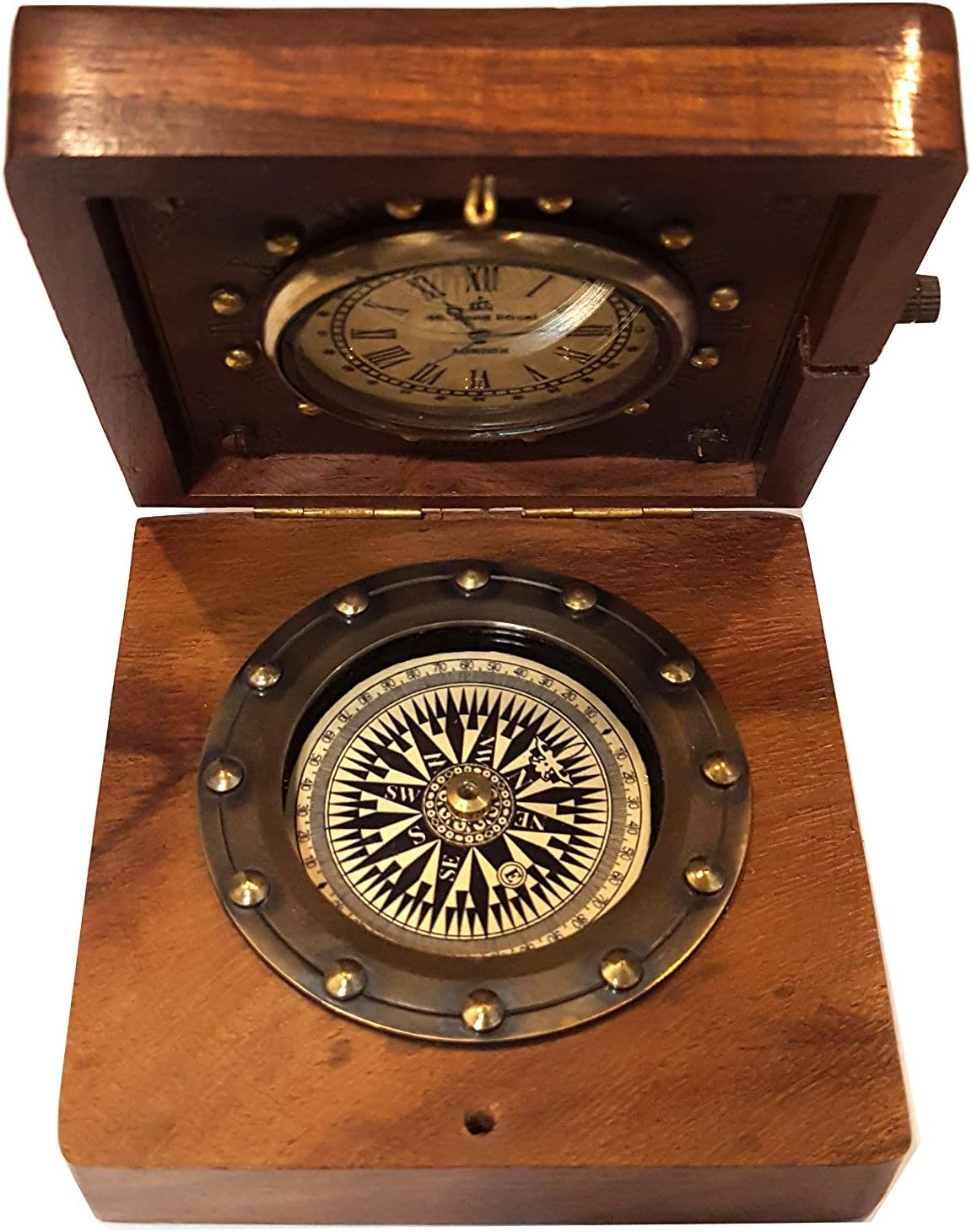 Nautical Ship Compass Wooden Box Compass & Watch Vintage Gift BigaMart