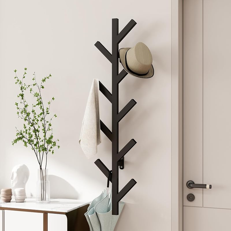 Vlush Wall Mounted Metal Coat Rack with 9 Hooks Modern Minimalist & Upright Coat Rack for Hanging Clothes, Hats, Hanging Bags and Scarves Entrance Wall Iron Coat Racks (Black)
