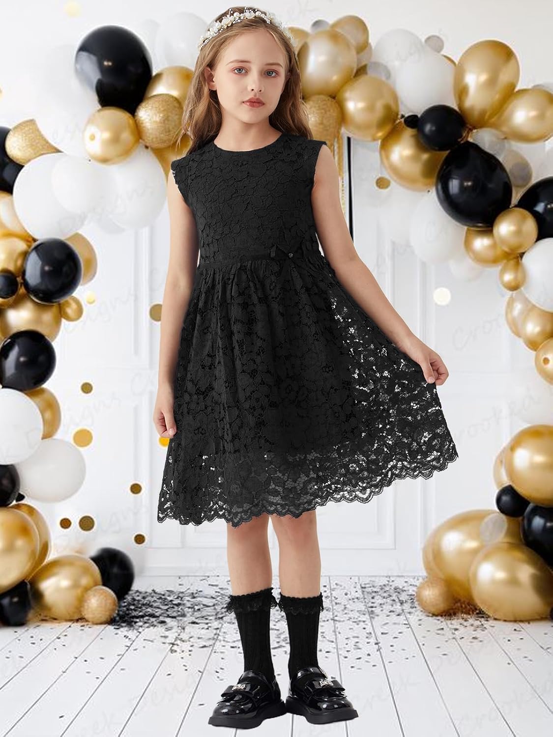 ALLOVIN Girls & Toddlers Spring Graduation Sleeveless A-Line Lace Party Dress Flower Girl Dress with Beaded Bowknot 2-12Y